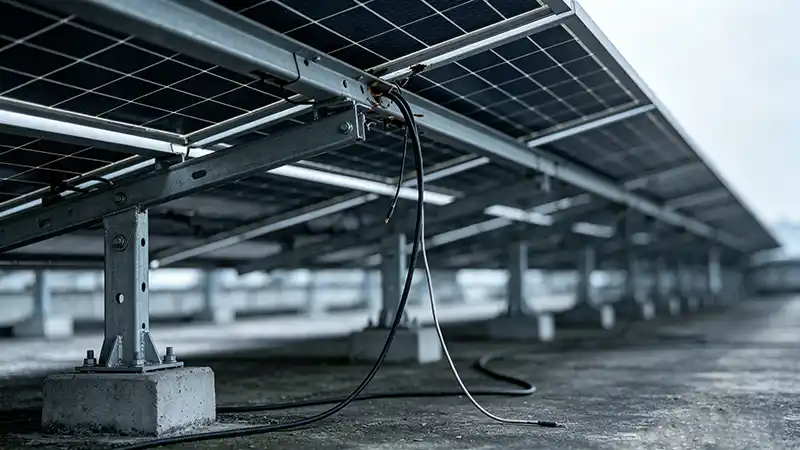 Solar panel array with loose dangling wires from failed fasteners