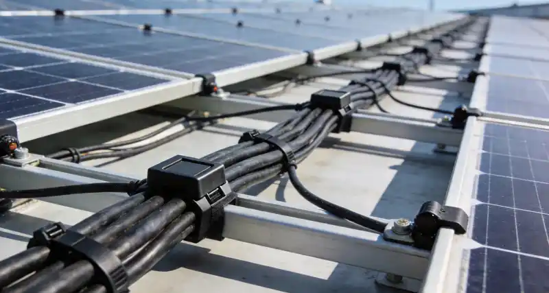 Completed solar panel installation with neatly secured wiring using appropriate outdoor-rated fasteners