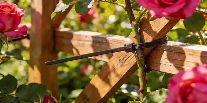 Close-up of a UV-resistant nylon tie holding a tomato plant stem to a bamboo stake in a sunny garden