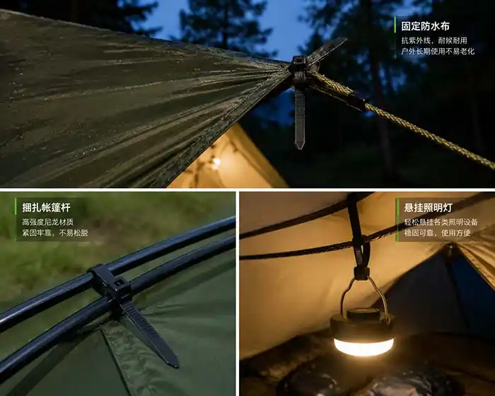 A camping tarp secured to a tree trunk using a UV-resistant tie, with a tent in the background