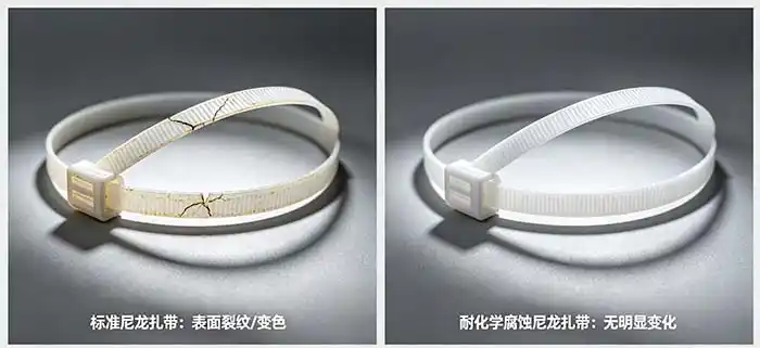 Side-by-side comparison of standard vs. chemical-resistant nylon ties after 6 months in an acidic environment