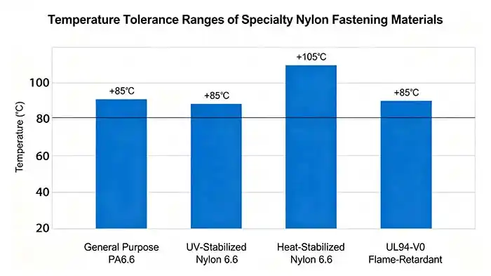 Chart showing temperature tolerance ranges for different specialty nylon fastening options, from cold weather to high-heat stabilized variants